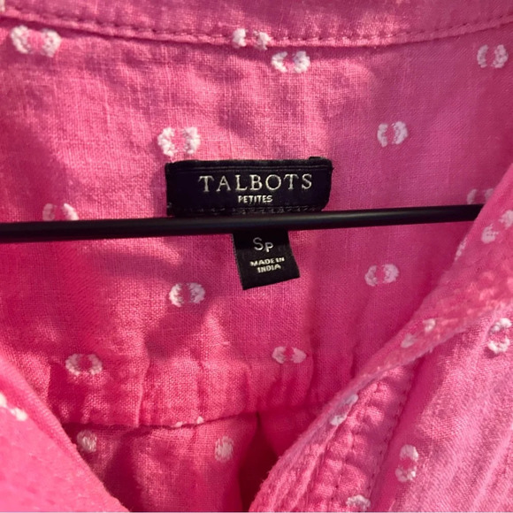 Talbots Linen Camp Shirt Clip Dot Size Small Petite Pink Button Down Top Beach - Picture 3 of 8